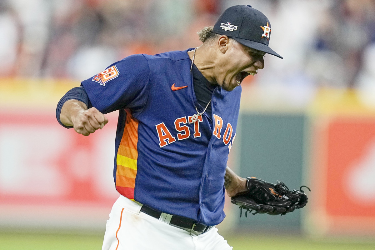 Astros reliever Bryan Abreu reacts after a strikeout.